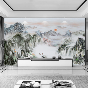新中式 电视背景墙水墨壁画墙纸古典国画风景山水壁纸沙发客厅墙