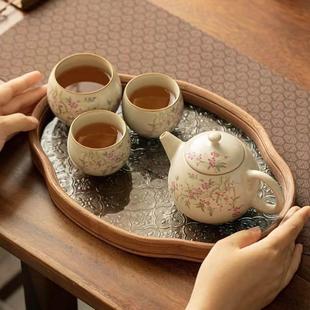 米黄汝窑陶瓷功夫茶具套装 户外喝茶家用一壶三杯茶盘茶壶茶杯小套