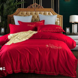 床上四件套婚庆4结婚冬天1.8m刺绣大红色床单床笠双人被套结婚用