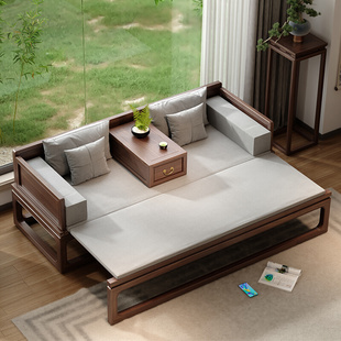 新中式 罗汉床实木推拉床黑胡桃小户型客厅伸缩沙发简约现代贵妃榻