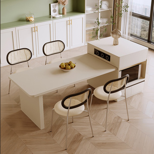 志科全实木奶油风法式 可伸缩岛台餐桌一体小户型抽拉嵌入烤箱岛台
