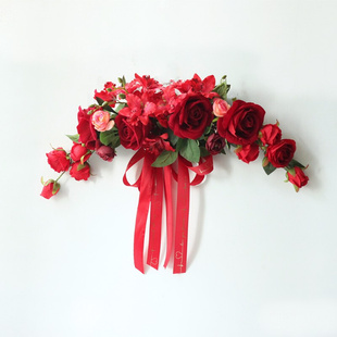 结婚客厅婚房布置门饰床头装 饰迎宾牌花艺大红玫瑰绢花挂壁套装