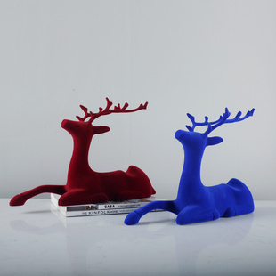 现代简约蓝色红色麋鹿金属植绒工艺品小摆件创意家居桌面软装 饰品