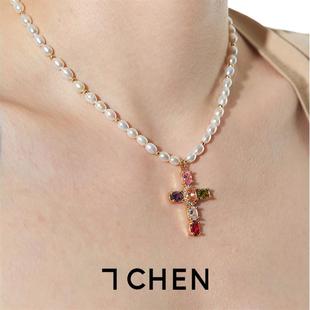 7CHEN 欧美天然淡水珍珠彩色十字架项链时髦设计感轻奢百搭锁骨链