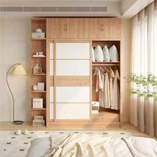 北欧风格 实木原木两门移门收纳柜 衣柜推拉门家用卧室简约现代组装