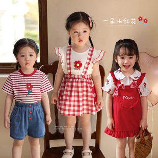 陈大猪小O宝 宝宝夏季 红色婴儿背带套裙 套装 女时髦洋气2023新款