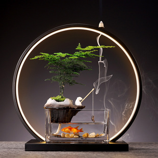 中式 饰 绿植盆栽摆件客厅玻璃小鱼缸造景地柏植物文竹办公室桌面装