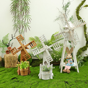 实木风车摆件微景观花园庭院装 饰创意森系摆设幼儿园环境布置材料