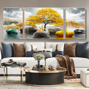 新中式 山水客厅装 挂画三联画 饰画沙发背景墙壁画现代北欧轻奢风格