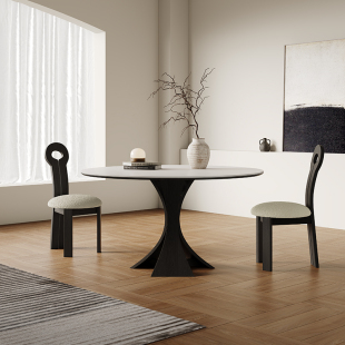 纯白岩板餐桌法式 6人圆形实木餐桌 复古进口轻奢现代1.5米圆桌意式