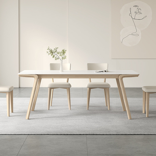 原木奶油风岩板餐桌哑光纯白面家用简约北欧日式 白蜡木轻舟餐桌椅