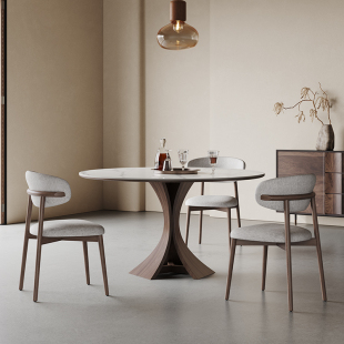 北欧实木餐桌圆形带转盘6人家用现代简约意式 高端亮光岩板圆餐桌