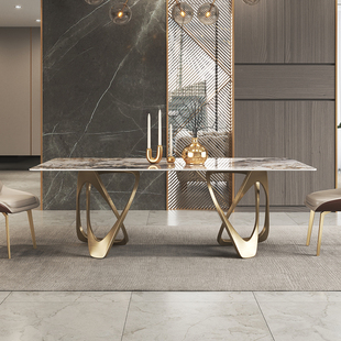 亮光岩板餐桌轻奢现代简约高端设计师时尚 潘多拉奢石长方形吃饭桌