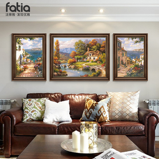 美式 客厅装 三联画高级感壁画 饰画沙发背景墙大气挂画手绘油画欧式