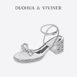 DV水晶钻粗跟凉鞋 女款 DUOHUA&VIVINER 2024新款 舒适软底一字带凉鞋