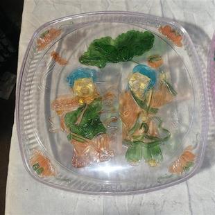 库存老货小茶盘家用方形塑料盘子彩绘和合果盘使用