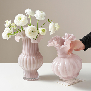 中古芬顿花瓶摆件客厅水养插鲜花高级感轻奢玻璃粉色创意简约琉璃