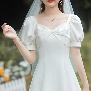 法式 小白裙缎面领证登记白裙子平时可穿情侣轻婚纱礼服订婚连衣裙