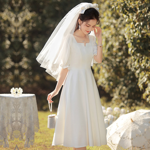 登记领证小白裙法式 日常缎面平时可穿轻婚纱礼服订婚连衣裙白裙子