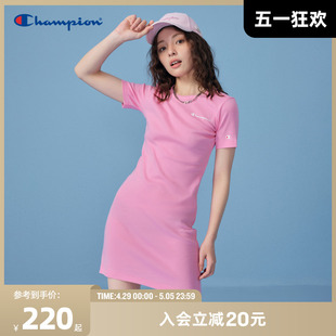 Champion冠军连衣裙女2024夏季 新款 休闲裙子 草写logo印花长裙短袖