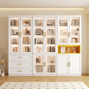 实木书柜带玻璃门展示柜一体整墙组合书架书橱置物柜定制防尘柜子