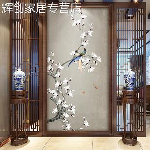 新中式 无缝壁纸手绘玉兰花鸟壁画玄关墙纸过道书房客厅背景墙墙布