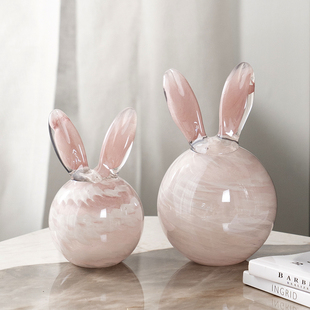 现代简约琉璃粉玉兔摆件创意客厅书房卧室桌面可爱兔子家居装 饰品