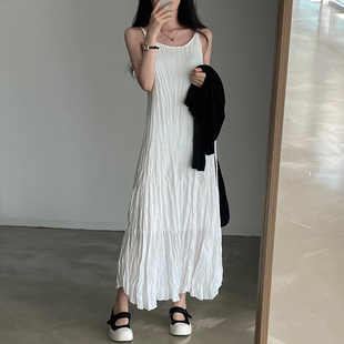 韩国chic夏季 法式 雪纺吊带连衣裙女打底背心裙潮 复古褶皱设计长款