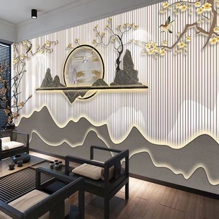 新中式 客厅背景墙美容院定制壁纸茶室墙纸仿木格栅墙布足浴店壁纸