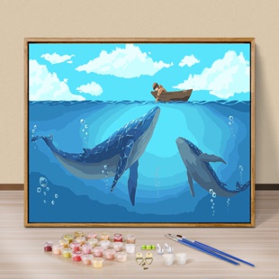 diy数字油画油彩画卡通动漫填色画手绘数字画客厅卧室装 饰画鲸鱼