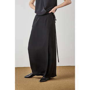 CLEANFLOW 黑色桑蚕真丝30姆米系带超长半身裙高腰百搭气质复古
