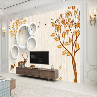 3D复古电视背景墙纸客厅背景墙壁纸大型壁画北欧墙纸麋鹿树林墙布