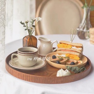 ins日式 圆形木托盘茶盘咖啡厅茶水盘点心盘家用收纳盘餐盘蛋糕盘