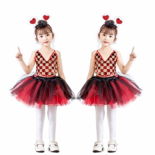 儿童演出服蓬蓬纱裙六一幼儿园舞蹈表演服女童亮片爵士现代舞红色