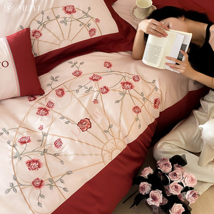 浪漫玫瑰结婚床上四件套全棉纯棉100S长绒棉床单婚庆喜被红色床品