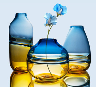 渐变色现代人工吹制玻璃花瓶摆件欧式 彩色简约拼色花瓶玻璃工艺品