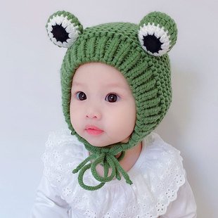 婴儿帽子秋冬天婴幼儿女宝宝青蛙保暖男童可爱萌潮儿童针织毛线帽