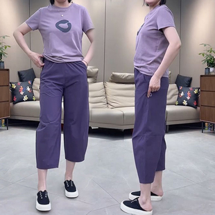 新款 2024年夏季 百搭圆领T恤女减龄高腰纯色休闲裤 韩版 两件套 套装