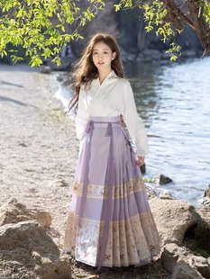 汉元 素国风连衣裙新中式 明制汉服女装 京云染紫色马面裙半身裙套装
