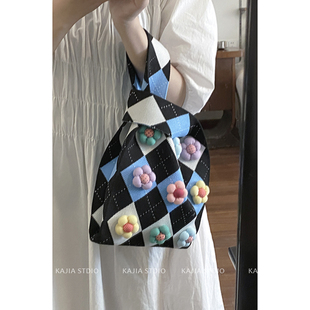 韩国小众手提包包女士2024新款 针织手碗包百搭珍珠斜挎包 可爱时尚