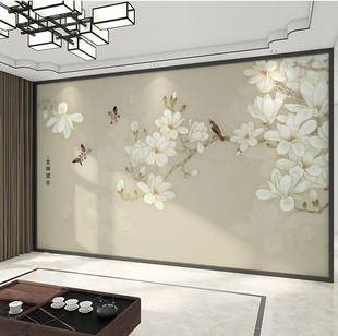 玉兰花鸟背景墙壁布现代简约墙纸新中式 客厅沙发卧室壁画壁纸墙布