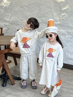 韩版 儿童春款 卡通印花女童连衣裙 兄妹装 2024洋气男童休闲卫衣套装