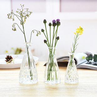 小口玻璃花瓶锥形莲花透明插花办公桌简美风格 创意mini三件套摆件