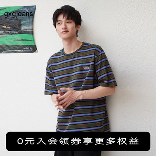 gxgjeans男装 彩色条纹短袖 刺绣宽松圆领上衣 T恤男2024年夏季 新款