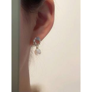 S925银针仙女花环人鱼姬珍珠耳钉女猫眼石耳环小众设计高级感耳饰