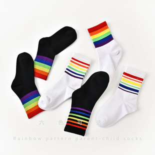 彩虹袜 亲子款 春秋款 儿童彩色条纹中筒袜 学生袜女士袜子三双装
