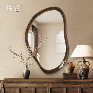 中古异形浴室镜子卫生间复古实木化妆镜家用壁炉镜边柜装 饰镜挂墙