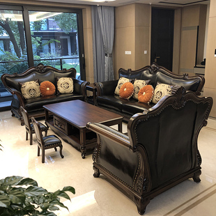 美式 古典实木沙发油蜡皮牛皮123组合别墅客厅大户型黑胡桃木家具