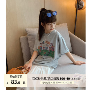 女大童韩版 卡通短袖 青少年洋气灰色T恤亲子薄棉T上衣 2024夏装 新款