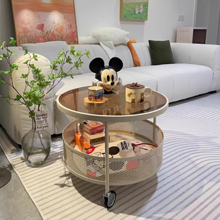 法式 奶油风网红玻璃茶几小户型客厅家用现代简约可移动带轮小圆桌
